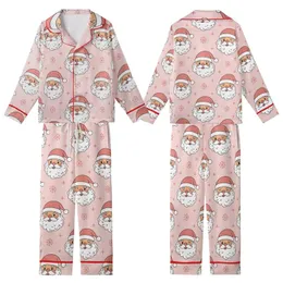 Cheerful Christmas: Whimsical Santa Faces, Pastel Pink Snowflakes - Cozy Festive Wear Kid Satin Pajamas Set