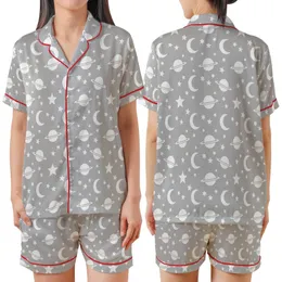 Dreamer's Minimalist Monochromatic White Stars Moons Planets Casual Wear, Heather Grey Satin Short-Sleeve Pajamas Set