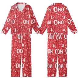 Christmas Reveler: OH HO ho Text, White Snowflakes, Trees, Stars on Bright Red Kid Satin Pajamas Set