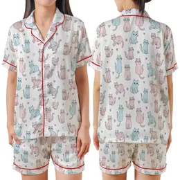 Feline Fan's Whimsical Pastel Cartoon Cats: Curious, Stretching, Sitting Figures All-Over Print Satin Short-Sleeve Pajamas Set