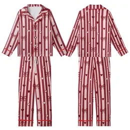 Sweetheart's Delight: Pale Pink Crimson Vertical Stripe Bow & Heart Satin Short-Sleeve Pajamas Set