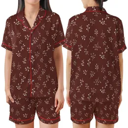 Retro Style Enthusiast's Tiny Cream Leaf & Berry Scatter on Deep Reddish-Brown Hand-Drawn Design Satin Short-Sleeve Pajamas Set