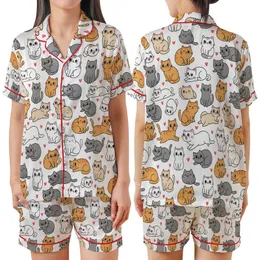 Cat Lover's Whimsical Kawaii Smiling Kittens & Red Hearts All-Over Motif Satin Short-Sleeve Pajamas Set