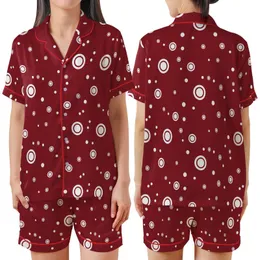 Modern Style: Deep Cranberry Red Organically Scattered Varying-Size White Circles Sweater Satin Short-Sleeve Pajamas Set