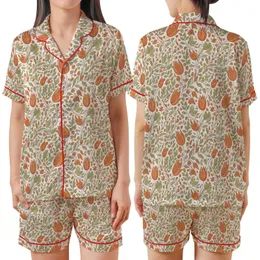 Hand-Drawn Vintage Botanical Foliage Blooms: Rusty Orange Sage Green Tulip Design Satin Short-Sleeve Pajamas Set