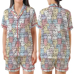 Feline Fanatic's Whimsical Cat Pattern - Dusty Rose Pastel Adornment Satin Short-Sleeve Pajamas Set