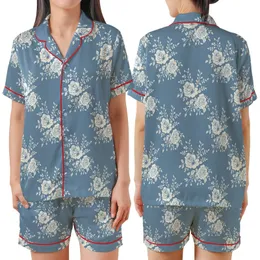 Women's Elegant Rose Bloom: Dusty Blue & White Painterly Botanical Pajama Set Satin Short-Sleeve Pajamas Set