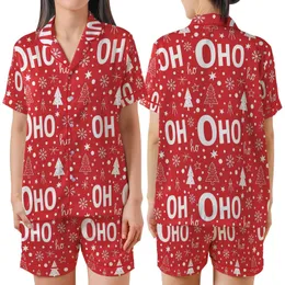 Christmas Reveler: OH HO ho Text, White Snowflakes, Trees, Stars on Bright Red Satin Short-Sleeve Pajamas Set