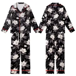 Women's Elegant Off-White Pink Magnolia Lavender Botanical Black Background Print Loungewear Item Kid Satin Pajamas Set