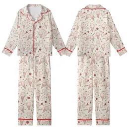 Sweet Tooth Enthusiast Whimsical Pink Ice Cream Cone Scoop Cherry Pattern Kid Satin Pajamas Set