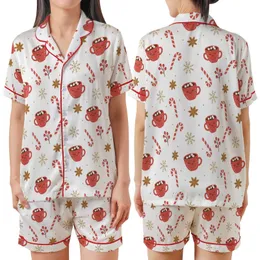 Festive Winter Charm: Pure White Candy Cane Cocoa Mug Berry Anise Snowflake Loungewear Satin Short-Sleeve Pajamas Set