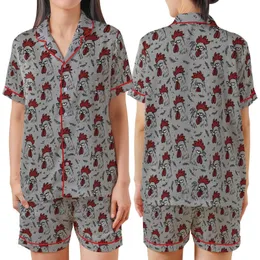 Grumpy Rooster All-Over Design: Sketchy Red & Black Fowl Heads Satin Short-Sleeve Pajamas Set