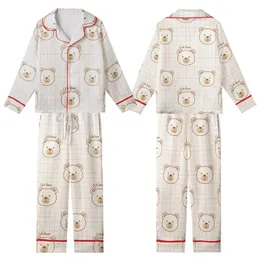 Cozy Bear Lover's Charming Hand-Drawn Brown & Pink Plaid Motif Kid Satin Pajamas Set