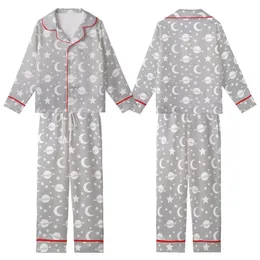 Cosmic Dreamer: White Monochromatic Stars Moon Planets All Over Print Design on Heather Grey Kid Satin Pajamas Set