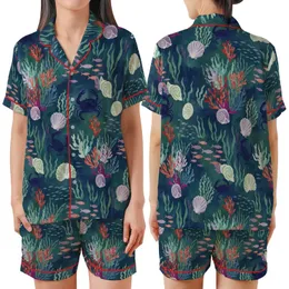 Ocean Explorer's Vibrant Underwater Marine Scene with Stylized Shells & Fish Wearable Art Satin Short-Sleeve Pajamas Set