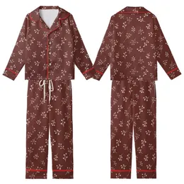 Retro Style Enthusiast's Tiny Cream Leaf & Berry Scatter on Deep Reddish-Brown Hand-Drawn Design Kid Satin Pajamas Set