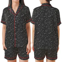 Celestial Dreamer's White Line Art Stars Moon 'Good Night' Script Sleep Set Satin Short-Sleeve Pajamas Set