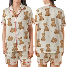 Dreamy Comfort for Gentle Souls: Whimsical Teddy Bears & Sleepy Poses - Cozy Wear Satin Short-Sleeve Pajamas Set