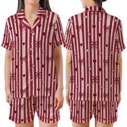 Sweetheart's Delight: Pale Pink Crimson Vertical Stripe Bow & Heart Satin Short-Sleeve Pajamas Set