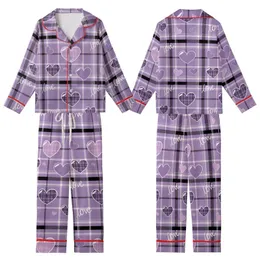Romantic Lavender Purple Tartan Plaid Love Hearts Script Graphic Wear Kid Satin Pajamas Set