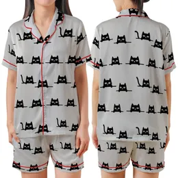 Cat Lover's Playful Peeking Black Cat Pattern - Heather Grey Tee Satin Short-Sleeve Pajamas Set