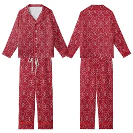 Ruby Red Hearts Motif: Delicate Outlines, Elegant Intertwined White Lines Pattern Kid Satin Pajamas Set