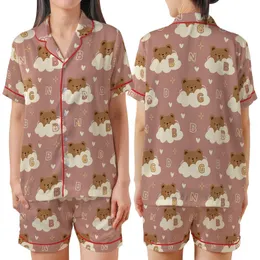 Whimsical Bear Cloud Fantasy: Dusty Rose Hearts Starburst Alphabet Wearable Art Satin Short-Sleeve Pajamas Set