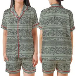 Folkloric Charm: Sage Green & Charcoal Gray Greek Key Vine Heart Bands - Textile Pattern Satin Short-Sleeve Pajamas Set
