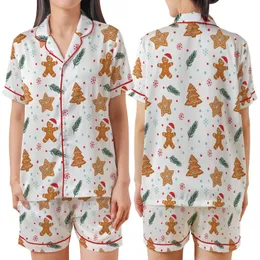 Whimsical Holiday Gingerbread: Hand-Drawn Cookies, Santa Hats, Teal Snowflakes & Evergreen Sprigs Design Satin Short-Sleeve Pajamas Set