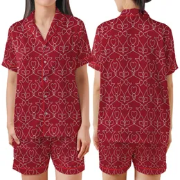 Ruby Red Hearts Motif: Delicate Outlines, Elegant Intertwined White Lines Pattern Satin Short-Sleeve Pajamas Set
