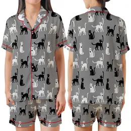 Cat Lover's Heather Grey Crewneck: Playful Black & White Feline Heart Pattern Satin Short-Sleeve Pajamas Set