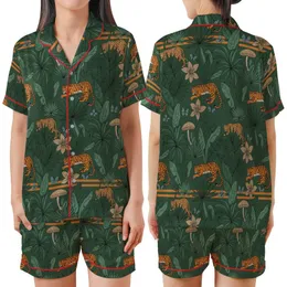Nature Lover's Vintage Forest Green Jungle: Orange Black Tiger Leopard & Butterfly Motif - Unique Design Satin Short-Sleeve Pajamas Set