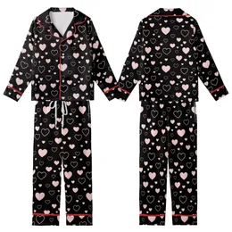 Love-Themed Scattered Light Pink Hearts Solid & Outline on Black Wearable Satin Short-Sleeve Pajamas Set