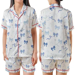 Whimsical Dreamer's Pastel Blue Scattered Bows, Checkerboard Accents & Ribbons Fashion Piece Satin Short-Sleeve Pajamas Set