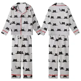 Cat Lover's Playful Peeking Black Cat Pattern - Heather Grey Tee Kid Satin Pajamas Set
