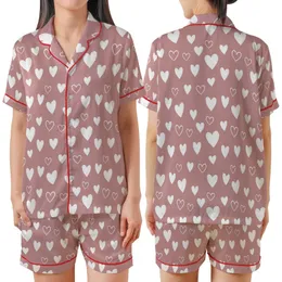 Whimsical Dreamer: Dusty Rose Scattered White Hearts Outline Design Satin Short-Sleeve Pajamas Set