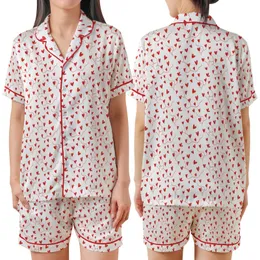 Romantic Hand-Sketched Red Hearts & Wispy Tendrils All-Over Wearable Satin Short-Sleeve Pajamas Set