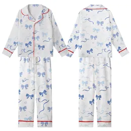 Whimsical Dreamer's Pastel Blue Scattered Bows, Checkerboard Accents & Ribbons Fashion Piece Kid Satin Pajamas Set
