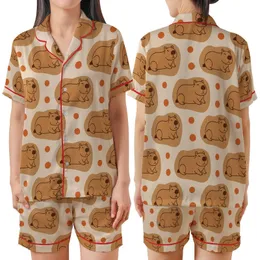 Capybara Lover's Cozy Pattern: Cute Capybara Heads & Orange Pom-Poms - Warm Beige Design Satin Short-Sleeve Pajamas Set