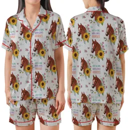 Just a Girl Who Loves Horses: Red Horse Head Floral Butterfly Pattern on Heather Grey Satin Short-Sleeve Pajamas Set