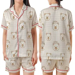 Cozy Bear Lover's Charming Hand-Drawn Brown & Pink Plaid Motif Satin Short-Sleeve Pajamas Set
