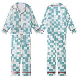 Modern Geometry Lover: Vibrant Teal White Rectangular Square Block Design Kid Satin Pajamas Set