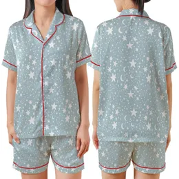 Stargazer's Minimalist White Stars & Moon Pattern - Blue-Grey Celestial Loungewear Satin Short-Sleeve Pajamas Set