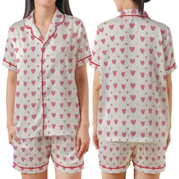 Women's Soft Rose Pink Hearts, Delicate Outlines & Vibrant Polka Dots on Subtle Pinstripe Satin Short-Sleeve Pajamas Set