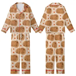 Capybara Lover's Cozy Pattern: Cute Capybara Heads & Orange Pom-Poms - Warm Beige Design Kid Satin Pajamas Set