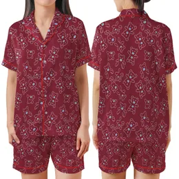 Teddy Bear Lover: Minimalist Outline X-Eyed Bear Repeating Design with Light Blue Nose on Deep Burgundy Wearable Art Piece Satin Short-Sleeve Pajamas Set