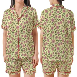 Cheery Rose Garden: Light Yellow Pink Floral Hand-Drawn Customizable Garment Satin Short-Sleeve Pajamas Set
