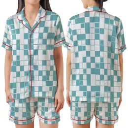 Modern Geometry Lover: Vibrant Teal White Rectangular Square Block Design Satin Short-Sleeve Pajamas Set