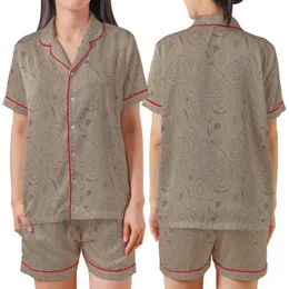 Sophisticated Minimalist Style Subtle Taupe Organic Lines Abstract Shapes All-Over Print Design Satin Short-Sleeve Pajamas Set