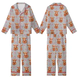 Baby Cow Lover's Reddish-Brown Highland Calf & Delicate Pink Butterfly Heather Grey Pattern Wearable Kid Satin Pajamas Set